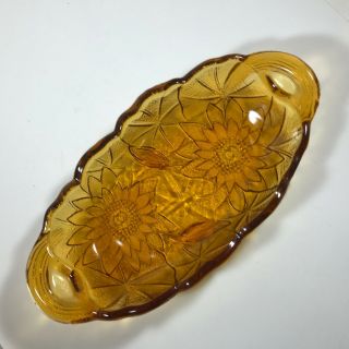 Vintage Amber Depression Glass Sunflower Relish Bowl 9 - 1/2 "