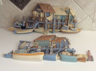 Vintage Set Of 2 Burwood 1505 & 1506 Plastic Wall Hanging Decor Harbor Scenes