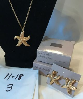 Iob Sweet Vintage Avon Gold Tone Starfish Necklace & Matching Clip Earrings