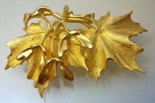 Large Brooch Pin Maple Leaves And Seeds Gold Tone Metal Vintage