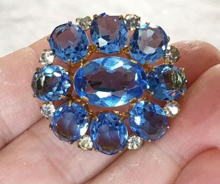 Old Vintage Art Deco Jewellery Blue Sapphire Crystal Rhinestone Gold Brooch Pin