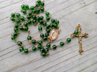 Vtg green enamel glass bead rosary Our Lady of Fatima Rome Italy 2