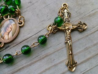 Vtg green enamel glass bead rosary Our Lady of Fatima Rome Italy 4