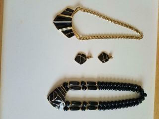 Vintage Trifari Signed 3 Pc Set: 2 Styles Of Black Enamel Necklaces And Earrings