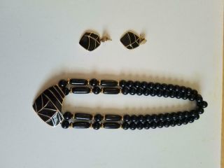 Vintage Trifari Signed 3 pc set: 2 Styles of Black Enamel Necklaces and Earrings 3