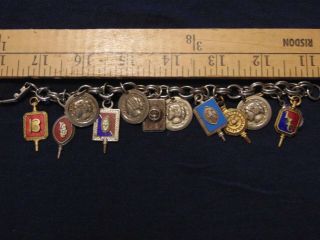 50s Vintage Stainless Sorority Charms Chain Bracelet W/11 Charms