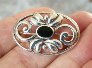 Stunning Vintage Art Deco Jewellery Onyx Solid 925 Silver Brooch Pin