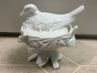 Vintage Westmoreland Bird On Nest White Milk Glass Covered Candy Dish