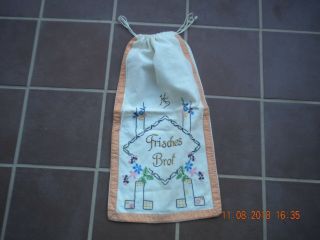 Vintage Bread Bag With Embroidery " Frisches Brot " 10.  5 X 20.  25 " With Drawstring