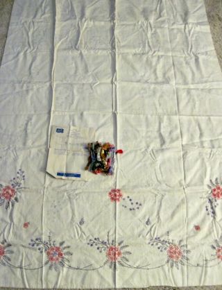 Vtg Tablecloth Stamped Floral For Embroidery - Started - Floss & Instructions