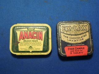 2 Vintage Small Medicine Tins - Anacin Analgesic Tablets & Ex - Lax Choco Laxatives