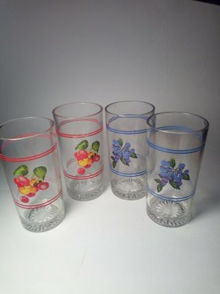 Set Of 4 Vintage Fruit Patterned Juice Glasses Cherries And Blueberries