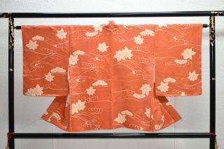 Vintage Silk Kimono Jacket:orange Brown Pine Tree/autumn Leaf/tsunami Wave@ym58