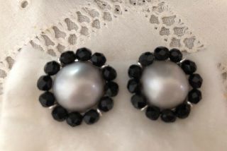 Vintage Richelie Clip Earrings Faux Pearl Black Beads Signed