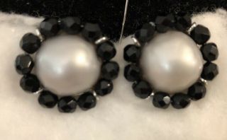 Vintage Richelie Clip Earrings Faux Pearl Black Beads Signed 2