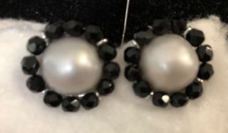 Vintage Richelie Clip Earrings Faux Pearl Black Beads Signed 3