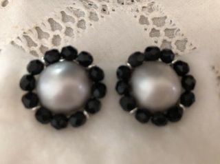 Vintage Richelie Clip Earrings Faux Pearl Black Beads Signed 5