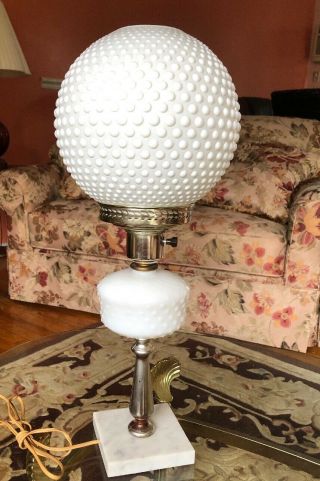 Vintage Milk Glass Hobnail Marble Base Ball Shade Gwtw Lamp