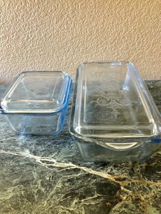 Vintage Glass Refrigerator Dishes Two W/ Embossed Lid