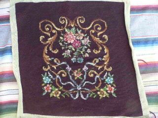 Vintage Burgundy Needlepoint Seat Chair Pillow Cover Petit Point Floral