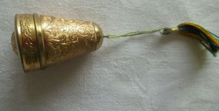Vintage Sewing Case Gold Metal Decorated Sides,  Screw Off Lid,  Tassel.  Empty.