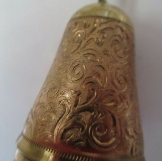 Vintage SEWING CASE Gold metal decorated sides,  screw off lid,  tassel.  Empty. 4