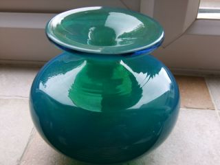 Vintage Mdina Glass Squat Vase In A Carming Turquoise Sea Blue