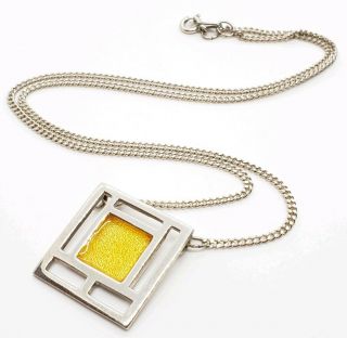 Gorgeous Vintage Signed 925 Sterling Silver Yellow Enamel Modernist Necklace