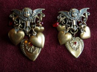 Vintage Victorian Style Brass Cherub Hearts Valentine Earrings Clip On Wow