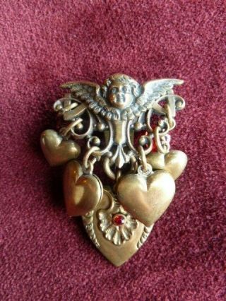 Vintage Victorian Style Brass Cherub Hearts Valentine Earrings Clip On Wow 2