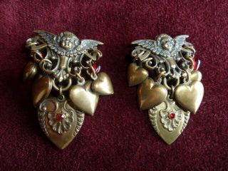 Vintage Victorian Style Brass Cherub Hearts Valentine Earrings Clip On Wow 3