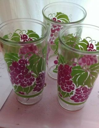 3 Vtg Autumn Fall Brockway Glass Drinking Glasses @ Purple Grapes Green Leaves