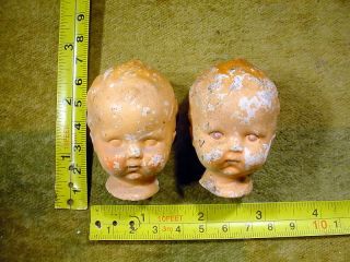 2 X Excavated Vintage Painted Pipe Clay Doll Head For Mixed Media Art 11879