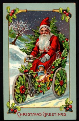 Vintage Christmas Postcard - Santa Riding In A Bicycle - 840