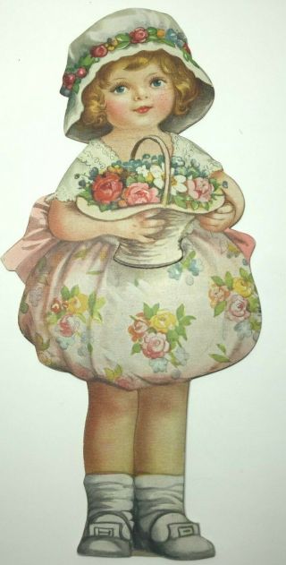 Vintage Die Cut Girl With Basket Of Flowers,  Stand In Back,  9 3/4 " Darling