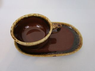 Vintage Hull Pottery Drip Glaze Brown With Handle Soup Bowl Plate Oven Proof Usa