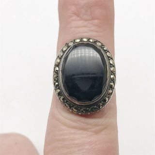 Vintage Solid Silver Sterling 925 Art Deco Onyx Marcasite Ladies Ring Size P