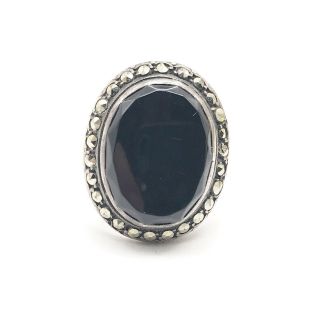 VINTAGE SOLID SILVER STERLING 925 ART DECO ONYX MARCASITE LADIES RING SIZE P 2