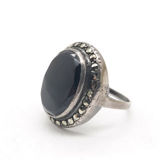 VINTAGE SOLID SILVER STERLING 925 ART DECO ONYX MARCASITE LADIES RING SIZE P 3