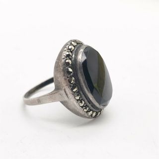 VINTAGE SOLID SILVER STERLING 925 ART DECO ONYX MARCASITE LADIES RING SIZE P 4