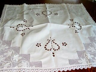Vtg.  Linen Tablecloth White,  Cutworkembflorals,  Lace Inserts,  Trim30x31 " Ex.  Cond 1940