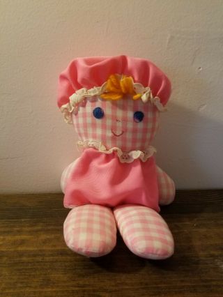 Fisher Price Lolly Dolly Rattle Baby Doll Pink & White Gingham Vintage 1975