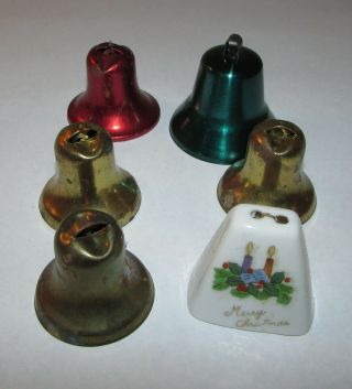 6 Vintage Christmas Bell Ornaments Mostly Metal One Porcelain