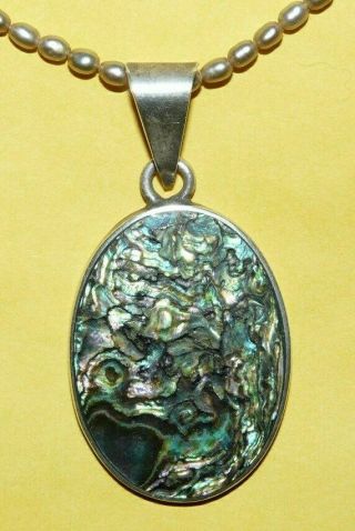 Vtg " Jri " Mexico 925 Sterling Silver Abalone Pendant W/ Pearl Necklace Signed