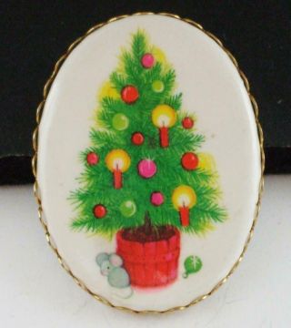 Sweet Oval Vintage Christmas Tree Pin Brooch W/candles Colorful Bulbs & Mouse :)