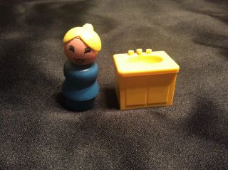 Vintage Little People Fisher Price Blue Wooden Body Blond Bun And Yellow Sink