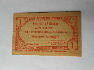 Vintage 1950 St Petersburg Fl Festival Of States Michigan Wooden Nickel Note