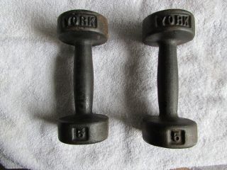 Set Vintage York 5lb.  Barbell Iron Dumbbells,  Round Head,  Bodybuilding,  Fitness