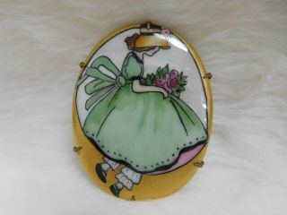 Vintage Brass Hand Painted Iridescent Little Bo Peep Porcelain Brooch Pin