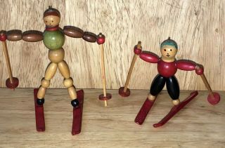 Antique Vintage Christmas Ornaments Painted Wood Skiers Made In Italy